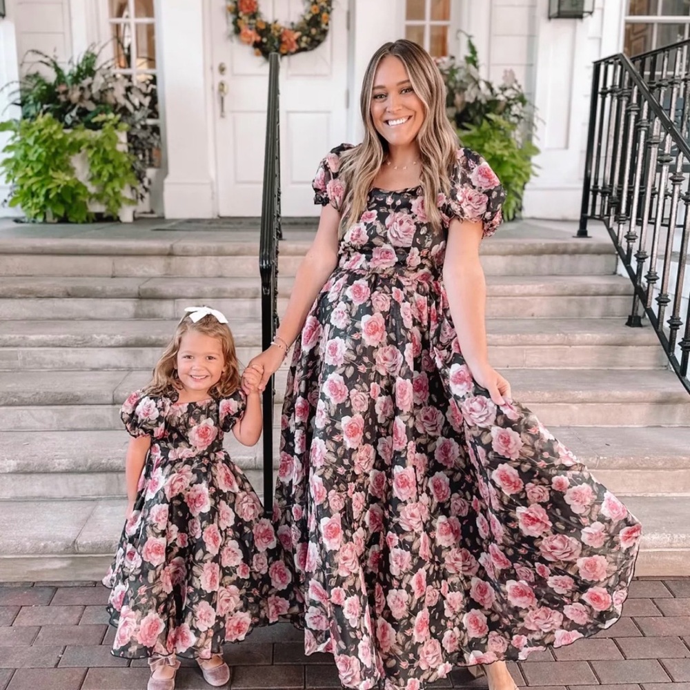 Ivy City Co Black Maxi Dress with Pink Rose Floral Print (Melody Dress/ Gown)